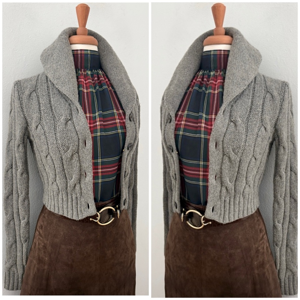 Ralph Lauren Rugby Cropped Cardigan Cashmere Lambswool Blend Preppy Cable Medium - Picture 11 of 13